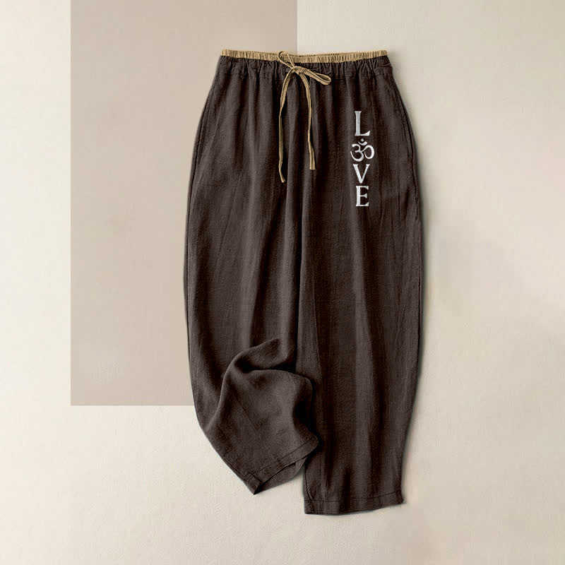 Buddha Stones Pure Cotton Love OM Pattern Women's Elastic Waist Pants With Pockets - SaddleBrown - US16，UK/AU20，EU48 (3XL) - image 5