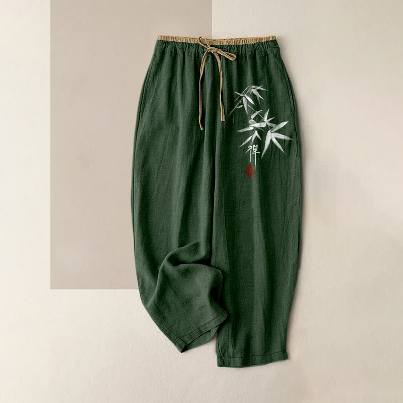 Buddha Stones Pure Cotton Zen White Bamboo Pattern Women's Elastic Waist Pants With Pockets - ForestGreen - US16，UK/AU20，EU48 (3XL) - image 4
