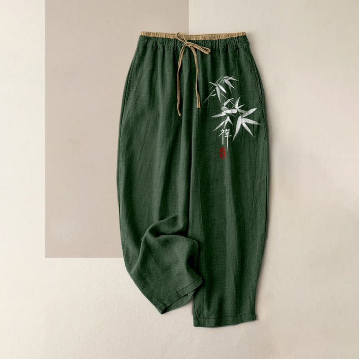 Buddha Stones Pure Cotton Zen White Bamboo Pattern Women's Elastic Waist Pants With Pockets - ForestGreen - US16，UK/AU20，EU48 (3XL) - image 4