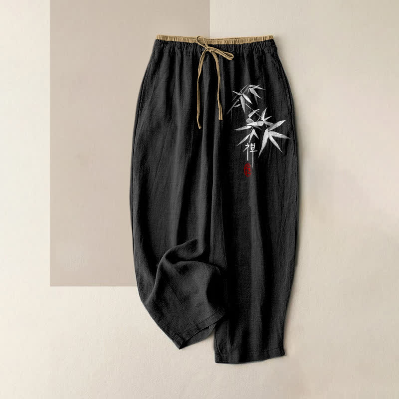 Buddha Stones Pure Cotton Zen White Bamboo Pattern Women's Elastic Waist Pants With Pockets - Black - US16，UK/AU20，EU48 (3XL) - image 5