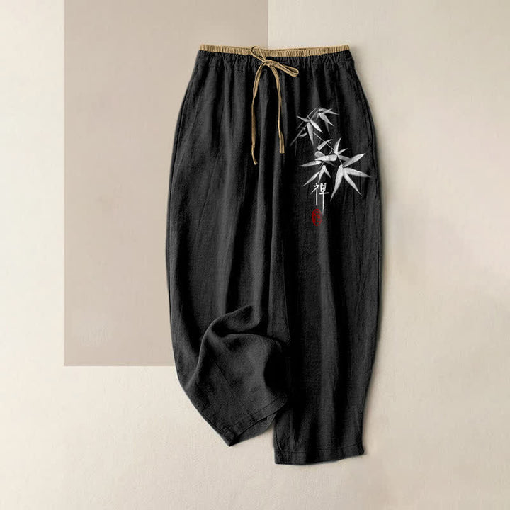 Buddha Stones Pure Cotton Zen White Bamboo Pattern Women's Elastic Waist Pants With Pockets - Black - US16，UK/AU20，EU48 (3XL) - image 5