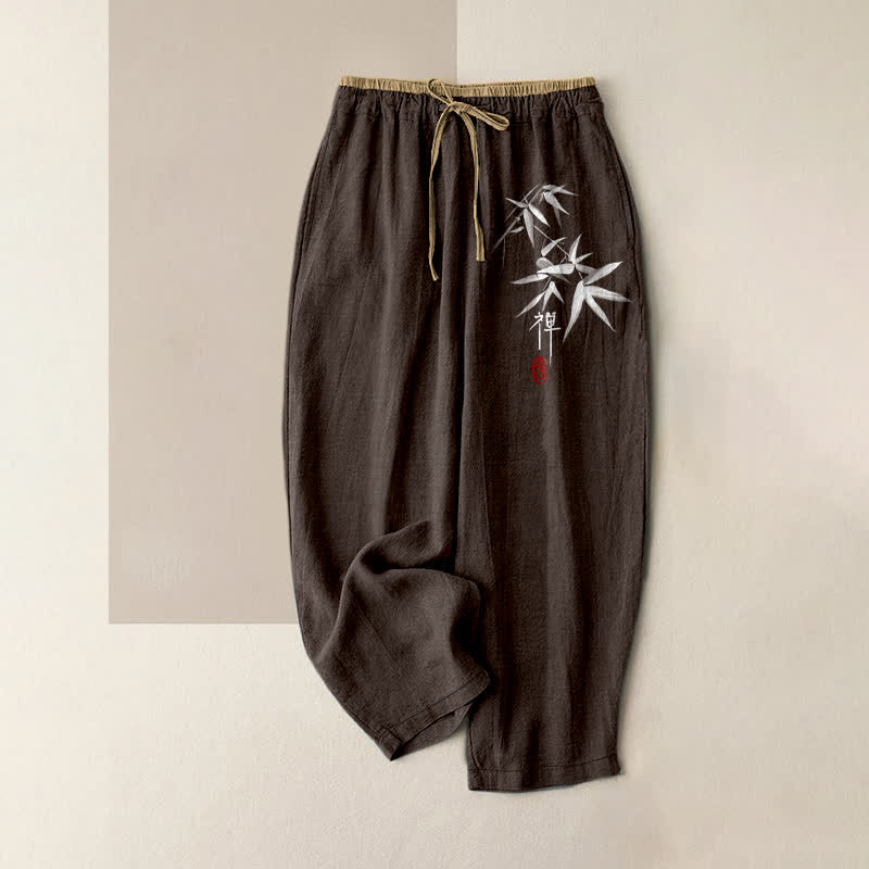Buddha Stones Pure Cotton Zen White Bamboo Pattern Women's Elastic Waist Pants With Pockets - SaddleBrown - US16，UK/AU20，EU48 (3XL) - image 6