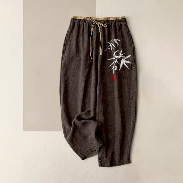 Buddha Stones Pure Cotton Zen White Bamboo Pattern Women's Elastic Waist Pants With Pockets - SaddleBrown - US16，UK/AU20，EU48 (3XL) - image 6