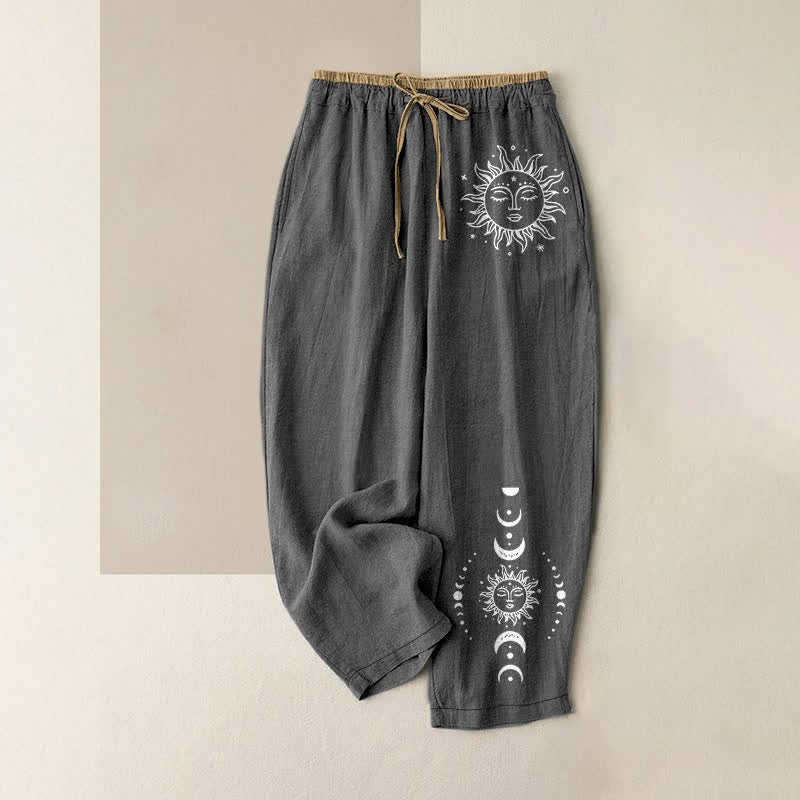 Buddha Stones Pure Cotton Celestial Sun Moon & Star Pattern Women's Elastic Waist Pants With Pockets - DimGray - US16，UK/AU20，EU48 (3XL) - image 4