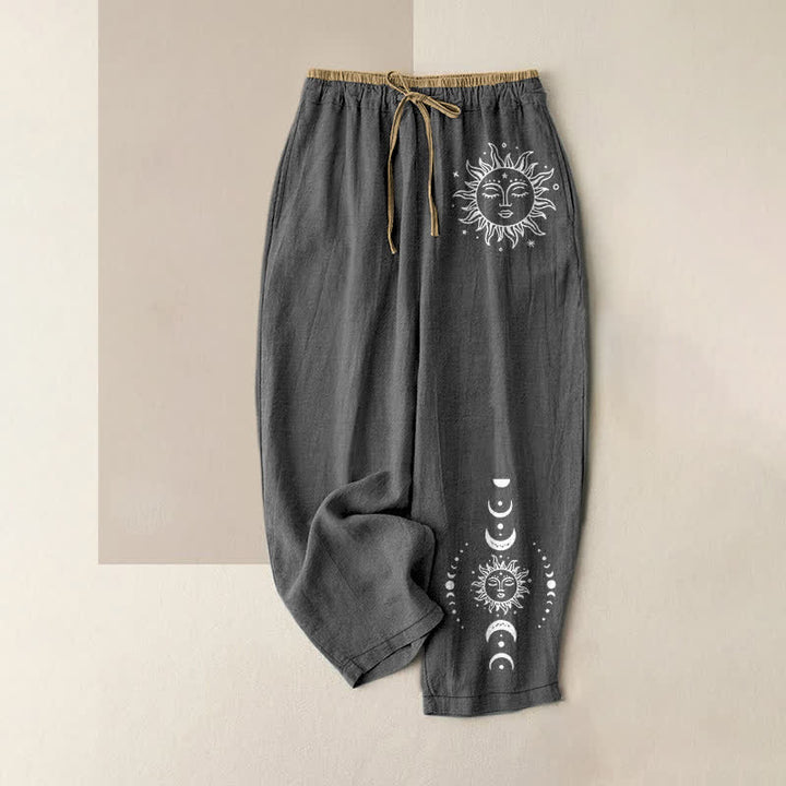 Buddha Stones Pure Cotton Celestial Sun Moon & Star Pattern Women's Elastic Waist Pants With Pockets - DimGray - US16，UK/AU20，EU48 (3XL) - image 4