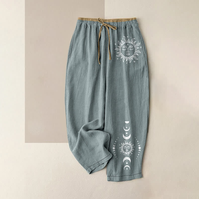Buddha Stones Pure Cotton Celestial Sun Moon & Star Pattern Women's Elastic Waist Pants With Pockets - CadetBlue - US16，UK/AU20，EU48 (3XL) - image 5