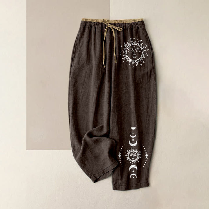 Buddha Stones Pure Cotton Celestial Sun Moon & Star Pattern Women's Elastic Waist Pants With Pockets - SaddleBrown - US16，UK/AU20，EU48 (3XL) - image 6
