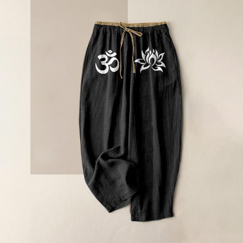 Buddha Stones Pure Cotton White OM And Lotus Pattern Women's Elastic Waist Pants With Pockets - Black - US16，UK/AU20，EU48 (3XL) - image 0