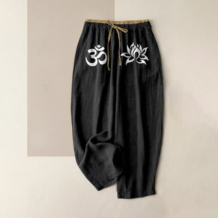 Buddha Stones Pure Cotton White OM And Lotus Pattern Women's Elastic Waist Pants With Pockets - Black - US16，UK/AU20，EU48 (3XL) - image 0