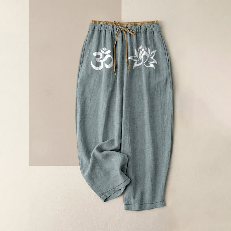 Buddha Stones Pure Cotton White OM And Lotus Pattern Women's Elastic Waist Pants With Pockets - CadetBlue - US16，UK/AU20，EU48 (3XL) - image 4