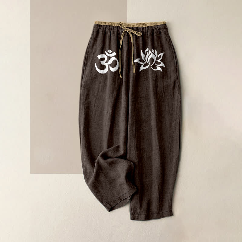 Buddha Stones Pure Cotton White OM And Lotus Pattern Women's Elastic Waist Pants With Pockets - SaddleBrown - US16，UK/AU20，EU48 (3XL) - image 5