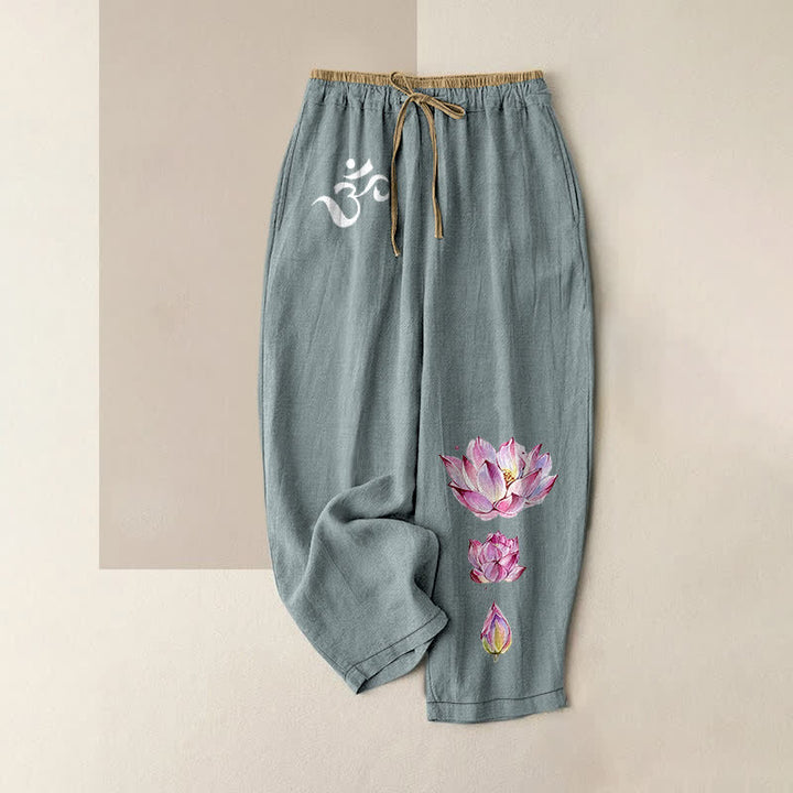 Buddha Stones Pure Cotton OM Pink Lotus Pattern Women's Elastic Waist Pants With Pockets - CadetBlue - US16，UK/AU20，EU48 (3XL) - image 4