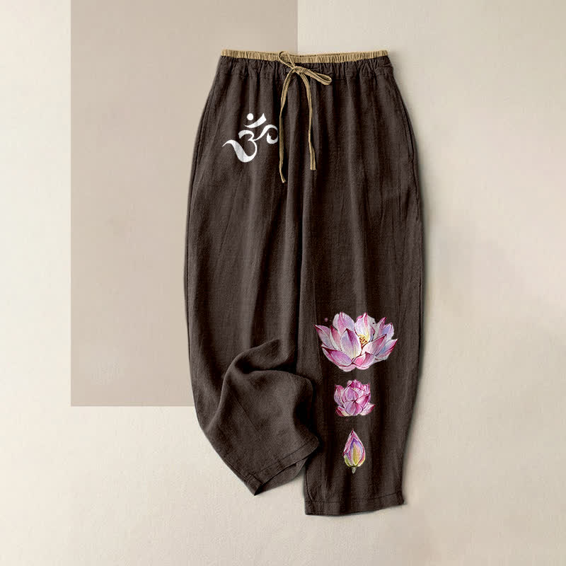 Buddha Stones Pure Cotton OM Pink Lotus Pattern Women's Elastic Waist Pants With Pockets - SaddleBrown - US16，UK/AU20，EU48 (3XL) - image 5