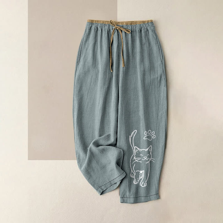 Buddha Stones Pure Cotton Whimsical Cat Pattern Women's Elastic Waist Pants With Pockets - CadetBlue - US16，UK/AU20，EU48 (3XL) - image 4