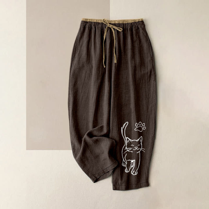 Buddha Stones Pure Cotton Whimsical Cat Pattern Women's Elastic Waist Pants With Pockets - SaddleBrown - US16，UK/AU20，EU48 (3XL) - image 5