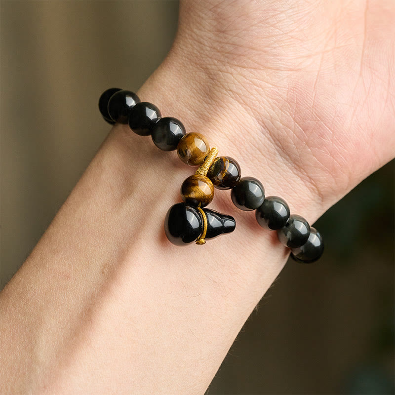 Buddha Stones Rainbow Obsidian Gourd Protection Vintage Chinese Bracelet - image 9