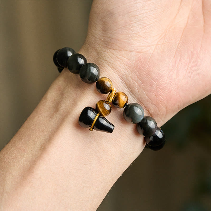 Buddha Stones Rainbow Obsidian Gourd Protection Vintage Chinese Bracelet - image 15