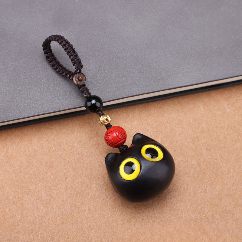 Buddha Stones Ebony Wood Cute Cat Grounding Hand Carved Peace Keychains - Large Cat Braided Rope - image 1