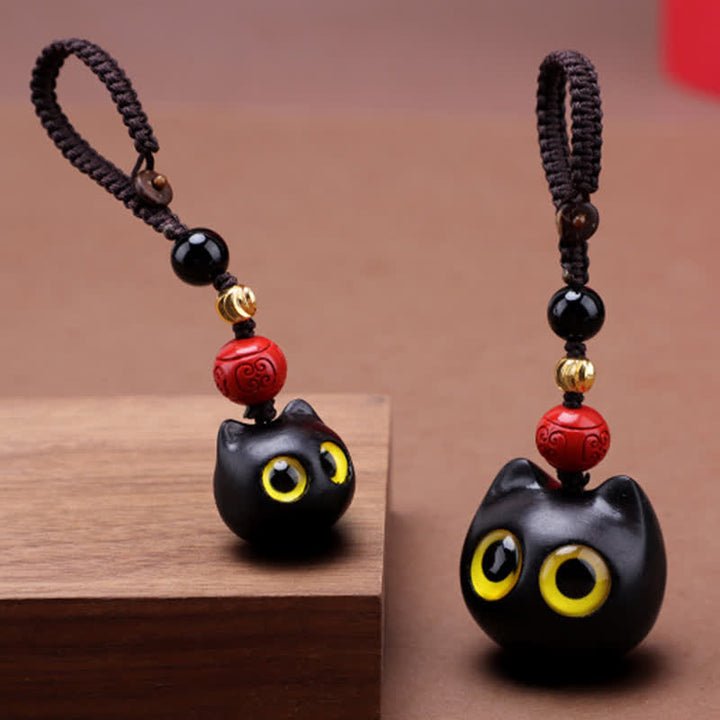 Buddha Stones Ebony Wood Cute Cat Grounding Hand Carved Peace Keychains - image 0