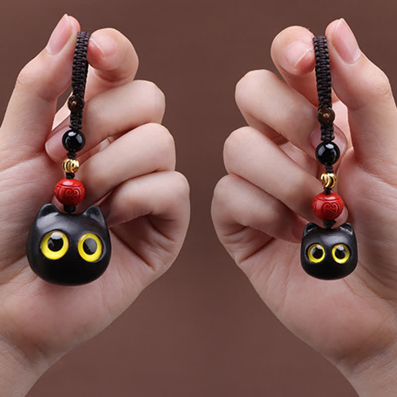 Buddha Stones Ebony Wood Cute Cat Grounding Hand Carved Peace Keychains - image 7