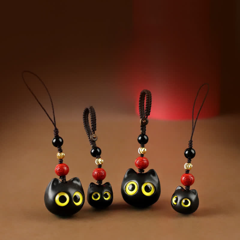 Buddha Stones Ebony Wood Cute Cat Grounding Hand Carved Peace Keychains - image 19