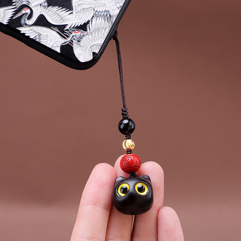 Buddha Stones Ebony Wood Cute Cat Grounding Hand Carved Peace Keychains - image 14