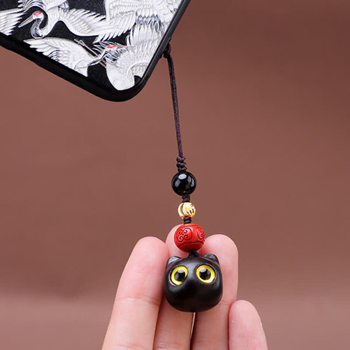 Buddha Stones Ebony Wood Cute Cat Grounding Hand Carved Peace Keychains - image 14