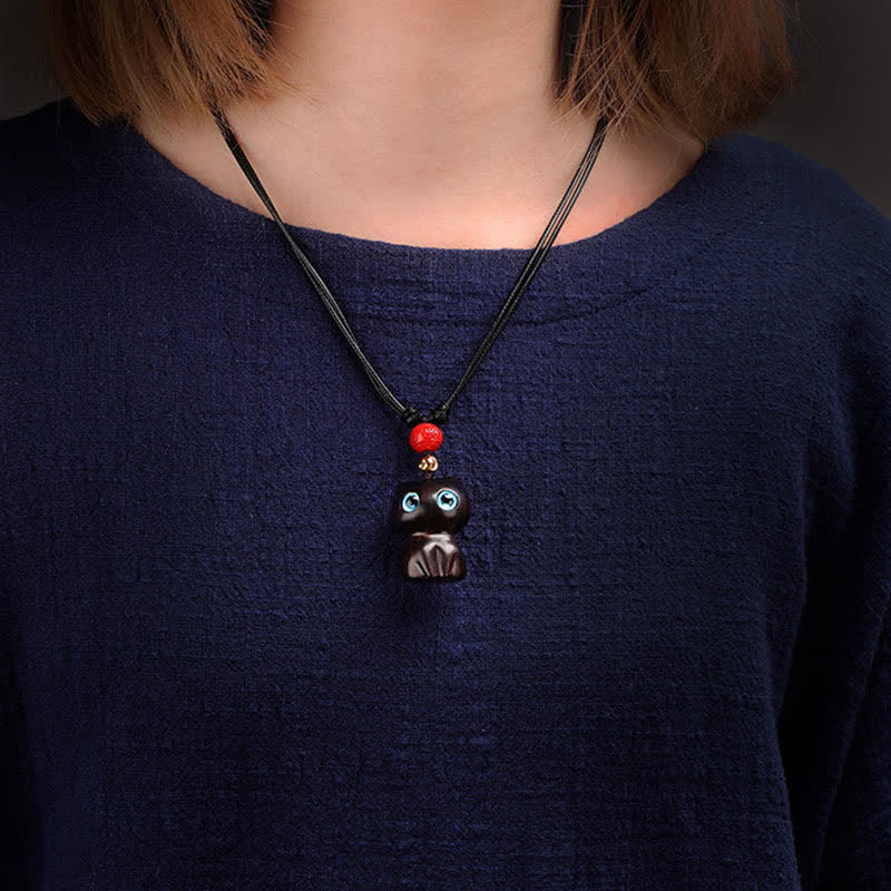 Buddha Stones Ebony Wood Red Sandalwood Cute Cat Calm Necklace - image 4