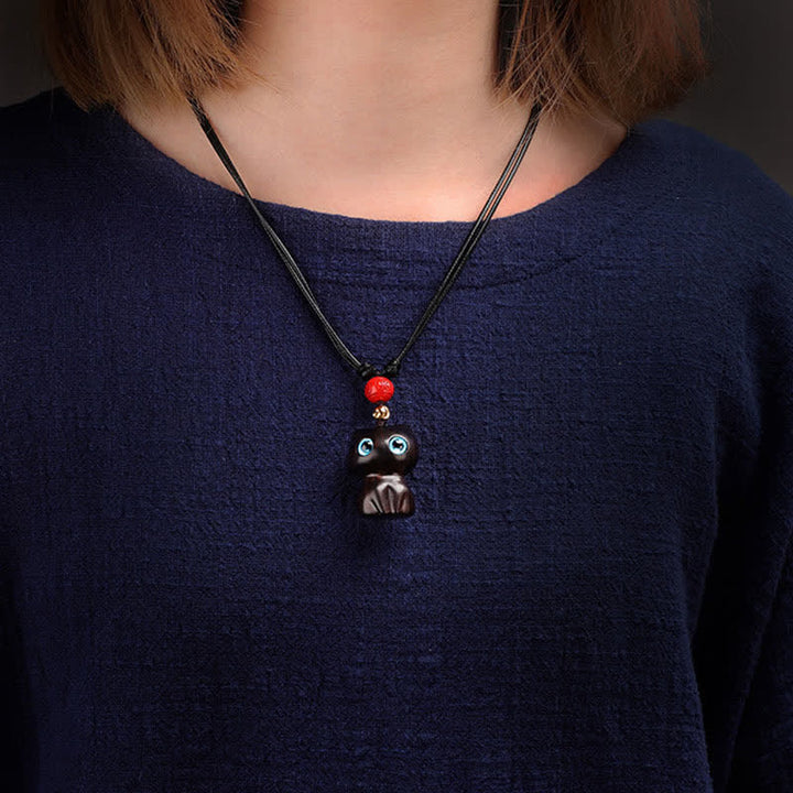 Buddha Stones Ebony Wood Red Sandalwood Cute Cat Calm Necklace - image 4