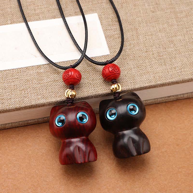 Buddha Stones Ebony Wood Red Sandalwood Cute Cat Calm Necklace - image 13