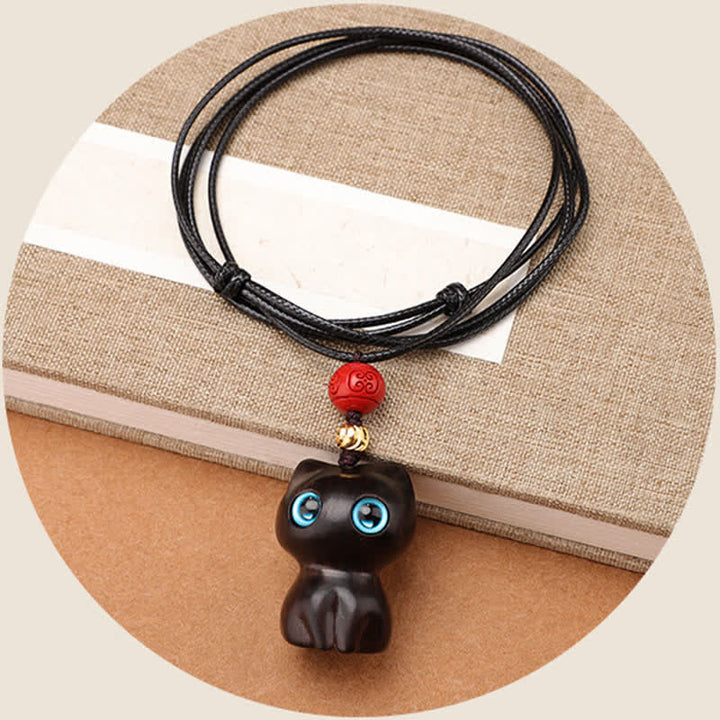 Buddha Stones Ebony Wood Red Sandalwood Cute Cat Calm Necklace - image 3