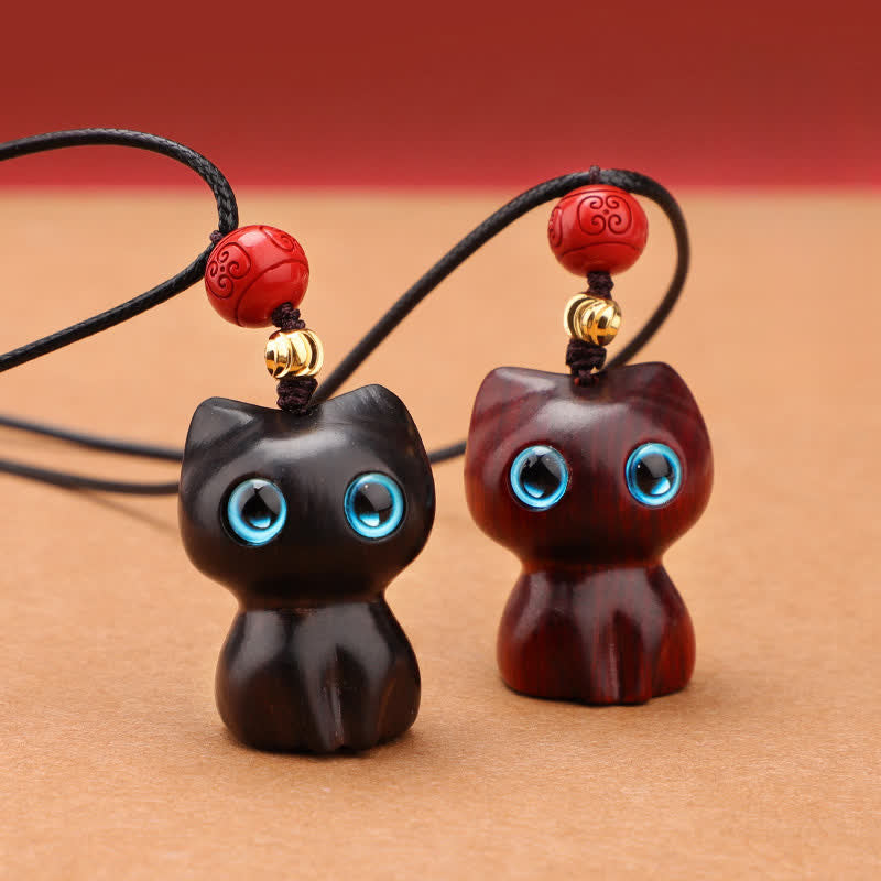 Buddha Stones Ebony Wood Red Sandalwood Cute Cat Calm Necklace - image 0
