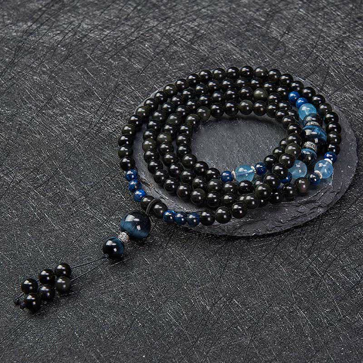 Buddha Stones Black Obsidian Protection Handcrafted Round Tassel 108 Bead Mala - image 3