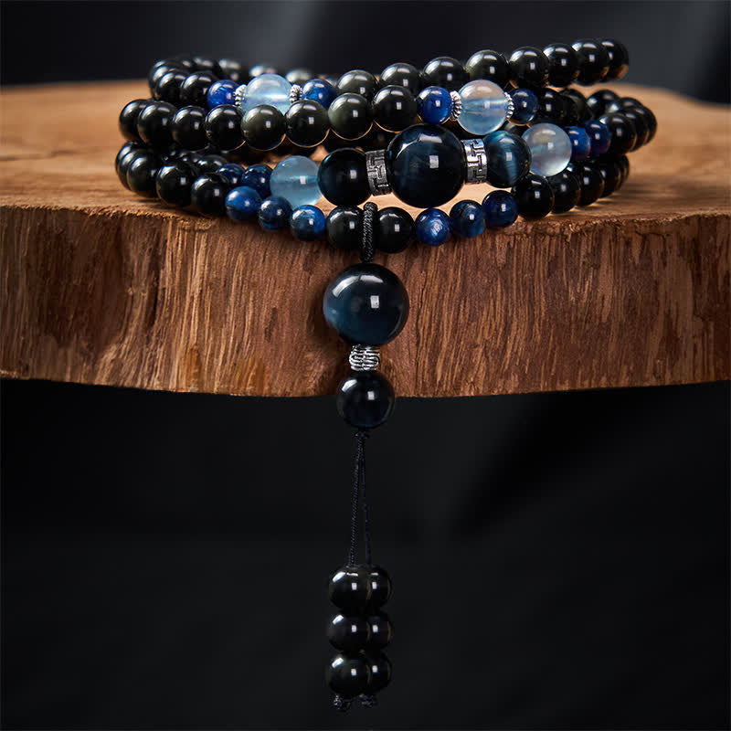 Buddha Stones Black Obsidian Protection Handcrafted Round Tassel 108 Bead Mala - image 2