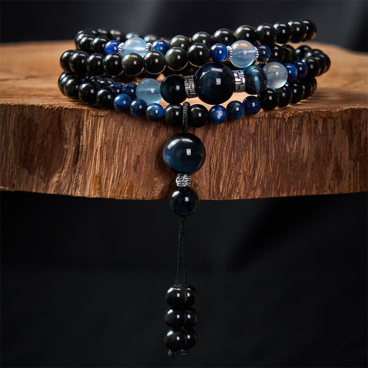 Buddha Stones Black Obsidian Protection Handcrafted Round Tassel 108 Bead Mala - image 2
