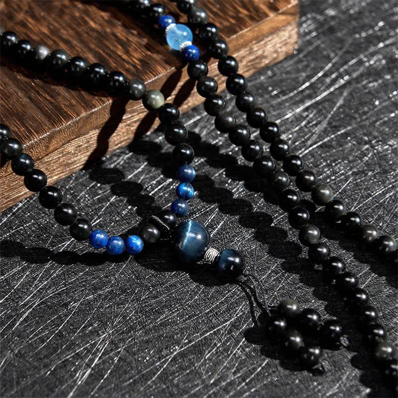 Buddha Stones Black Obsidian Protection Handcrafted Round Tassel 108 Bead Mala - image 4
