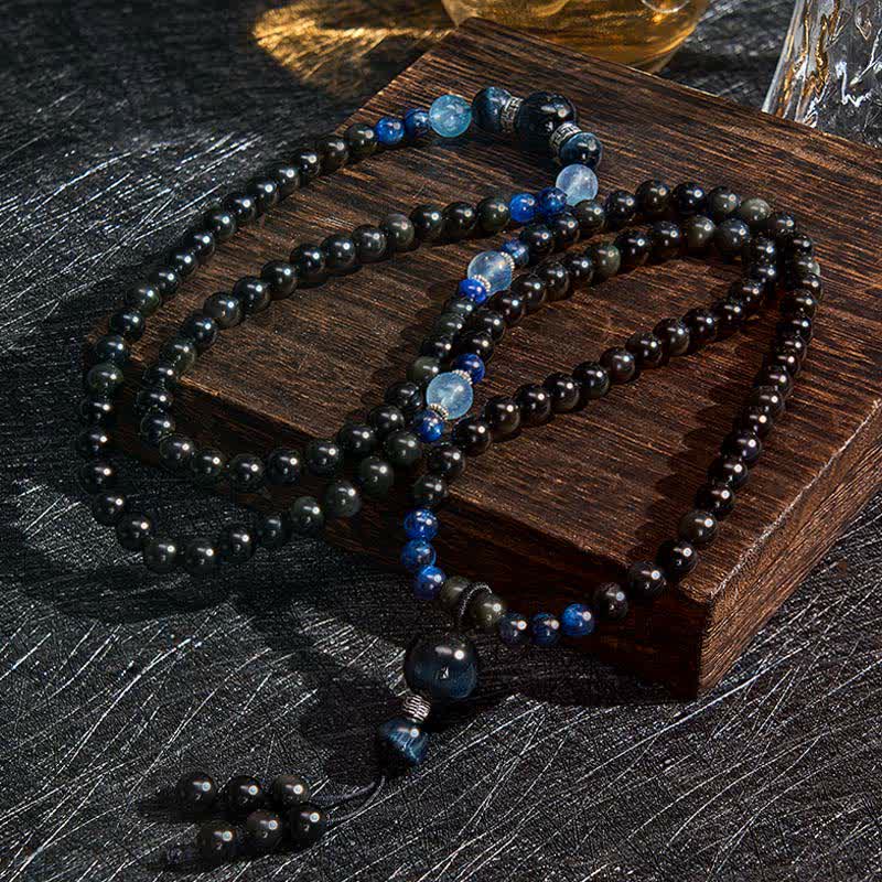 Buddha Stones Black Obsidian Protection Handcrafted Round Tassel 108 Bead Mala - image 1
