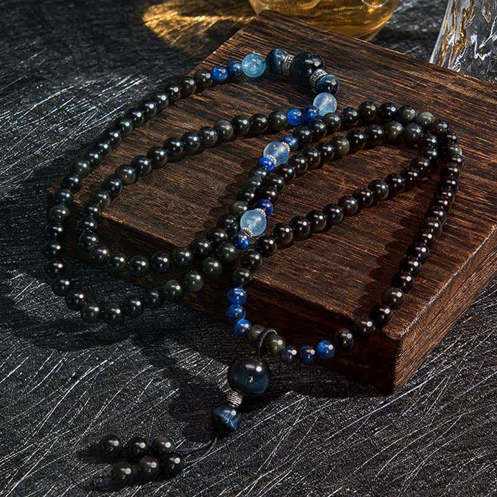 Buddha Stones Black Obsidian Protection Handcrafted Round Tassel 108 Bead Mala - image 1