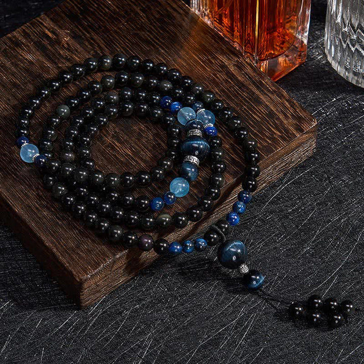Buddha Stones Black Obsidian Protection Handcrafted Round Tassel 108 Bead Mala - Black Obsidian(Protection ♥ Grounding) - image 0