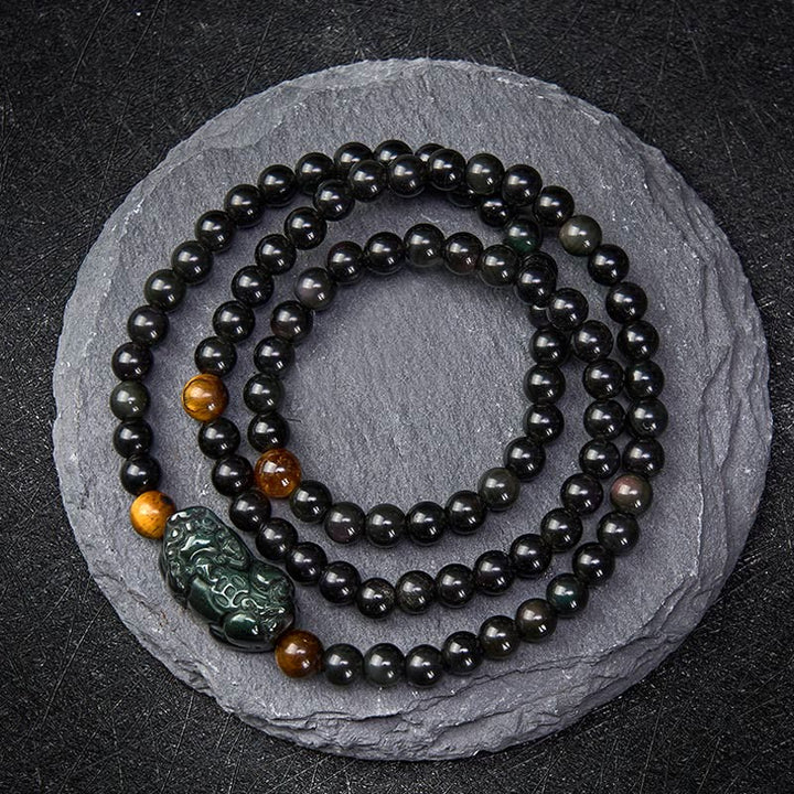 Buddha Stones PiXiu Rainbow Obsidian Black Obsidian Wealth Hand Carved Bead Bracelet - Rainbow Obsidian Bead(Color Shifts in Light) - 6mm - image 0