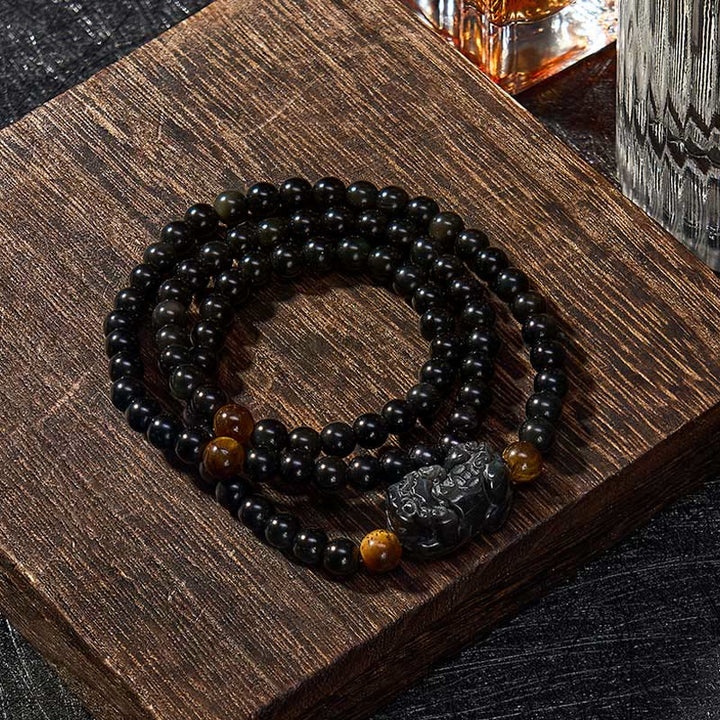 Buddha Stones PiXiu Rainbow Obsidian Black Obsidian Wealth Hand Carved Bead Bracelet - image 2