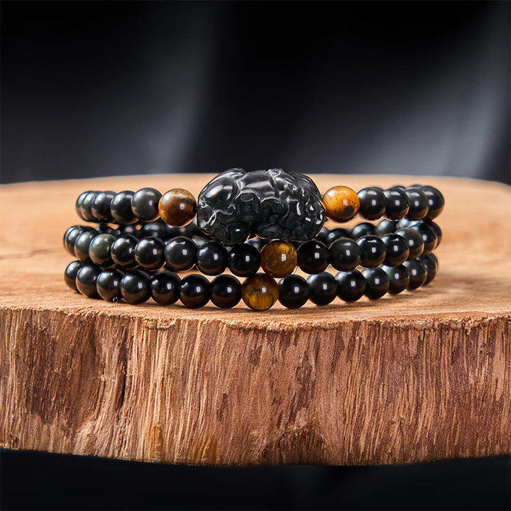 Buddha Stones PiXiu Rainbow Obsidian Black Obsidian Wealth Hand Carved Bead Bracelet - image 1