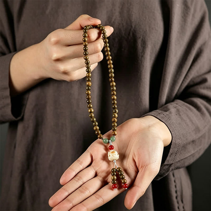 Buddha Stones Green Sandalwood Serenity Hand-Woven Cat Charm Retro Ethnic Mala - image 10