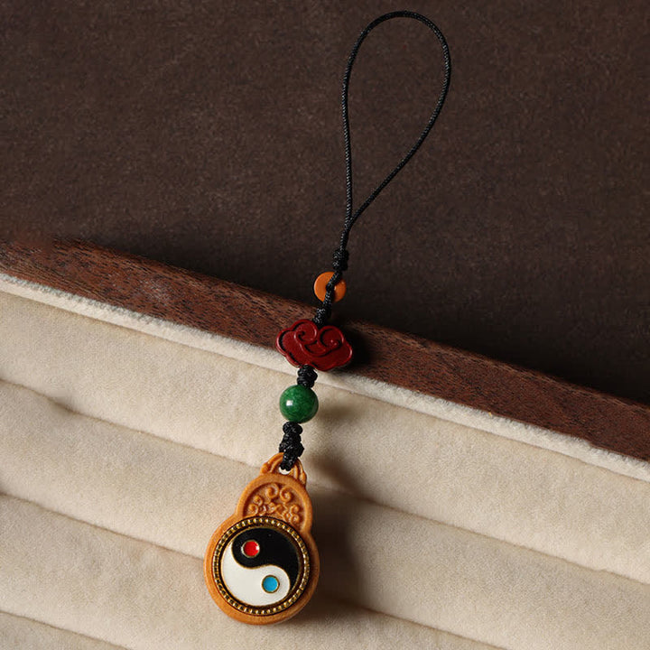 Buddha Stones Green Sandalwood Bagua Yin Yang Protection Gourd Phone Hanging Decoration - image 3