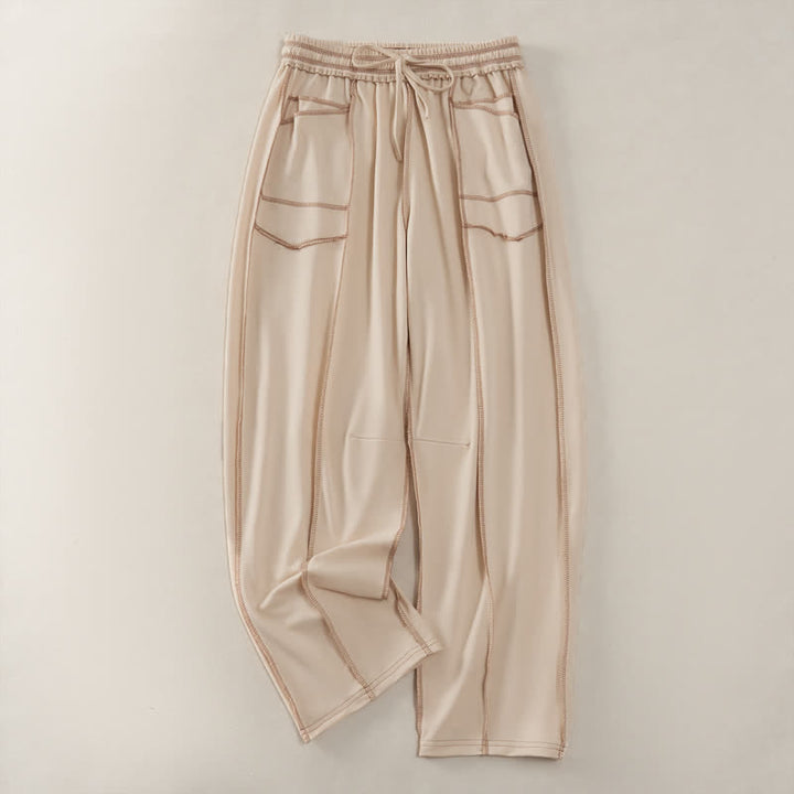 Buddha Stones Summer Casual Minimalist Drawstring Patch Pocket Solid Ankle Pants Women's Straight Leg Pants With Pocket - Beige - US8-10, UK/AU12-14, EU40-42 (2XL) - image 0