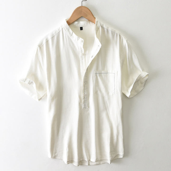Buddha Stones Summer Casual Tang Style Mandarin Collar Button-Up Solid Men's Short Sleeve Shirts With Pocket - AntiqueWhite - US/UK/AU42, EU52 (3XL) - image 0