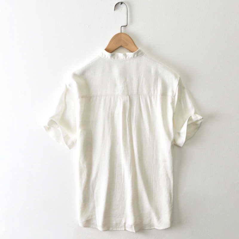 Buddha Stones Summer Casual Tang Style Mandarin Collar Button-Up Solid Men's Short Sleeve Shirts With Pocket - image 1