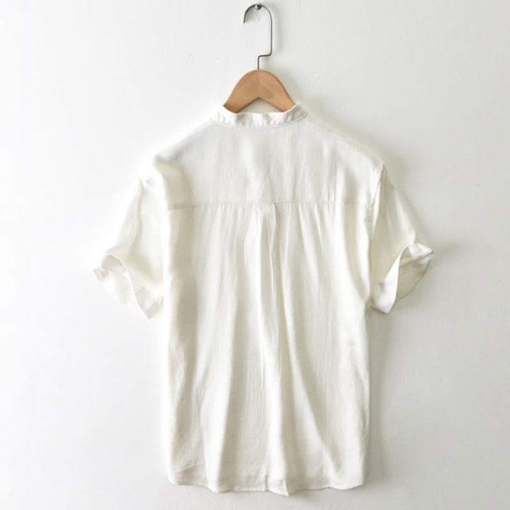 Buddha Stones Summer Casual Tang Style Mandarin Collar Button-Up Solid Men's Short Sleeve Shirts With Pocket - image 1
