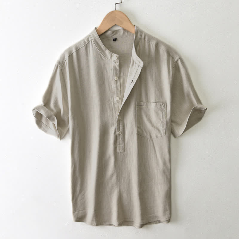 Buddha Stones Summer Casual Tang Style Mandarin Collar Button-Up Solid Men's Short Sleeve Shirts With Pocket - Tan - US/UK/AU42, EU52 (3XL) - image 8
