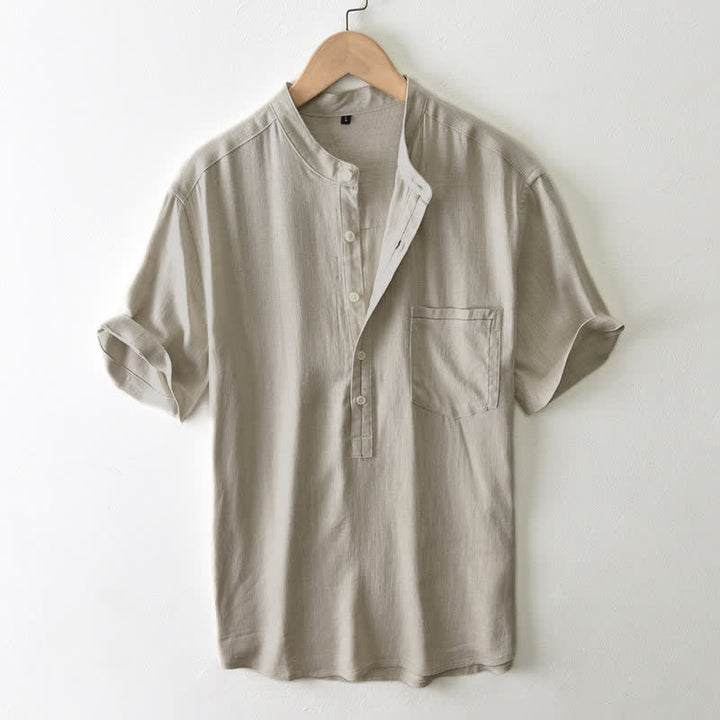 Buddha Stones Summer Casual Tang Style Mandarin Collar Button-Up Solid Men's Short Sleeve Shirts With Pocket - Tan - US/UK/AU42, EU52 (3XL) - image 8